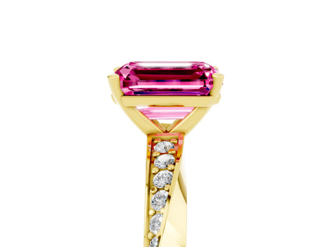 Yellow gold Emerald Cut Pink Sapphire Engagement Ring with Side Stone Accents and Four-Prong Setting_56