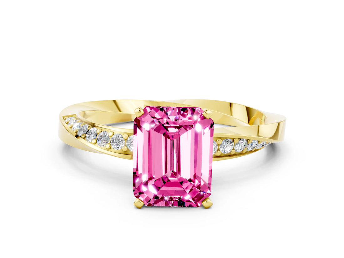 Yellow gold Emerald Cut Pink Sapphire Engagement Ring with Side Stone Accents and Four-Prong Setting_60