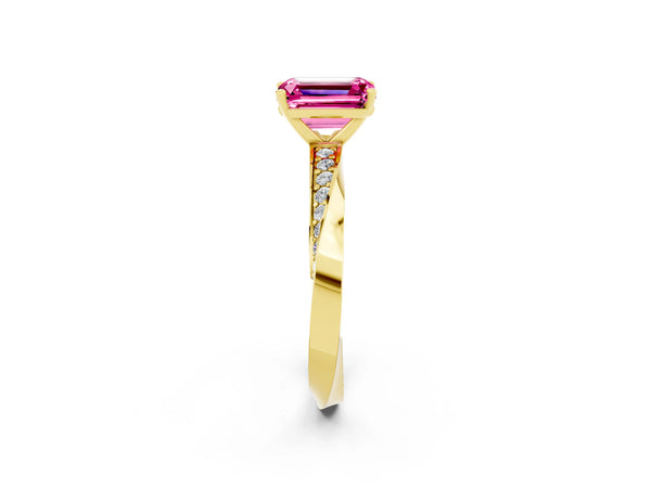 Yellow gold Emerald Cut Pink Sapphire Engagement Ring with Side Stone Accents and Four-Prong Setting