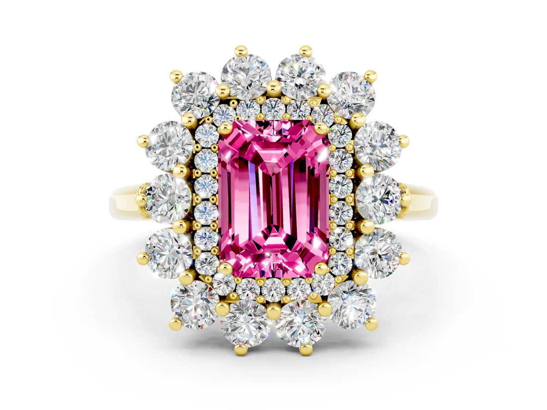 Yellow gold Emerald Cut Pink Sapphire Floral Double Halo Engagement Ring with Prong Setting_60