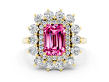 Yellow gold Emerald Cut Pink Sapphire Floral Double Halo Engagement Ring with Prong Setting_60
