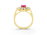 Yellow gold Emerald Cut Pink Sapphire Floral Double Halo Engagement Ring with Prong Setting_63