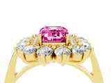 Yellow gold Emerald Cut Pink Sapphire Floral Double Halo Engagement Ring with Prong Setting_64