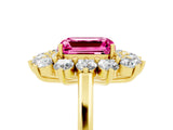Yellow gold Emerald Cut Pink Sapphire Floral Double Halo Engagement Ring with Prong Setting_65