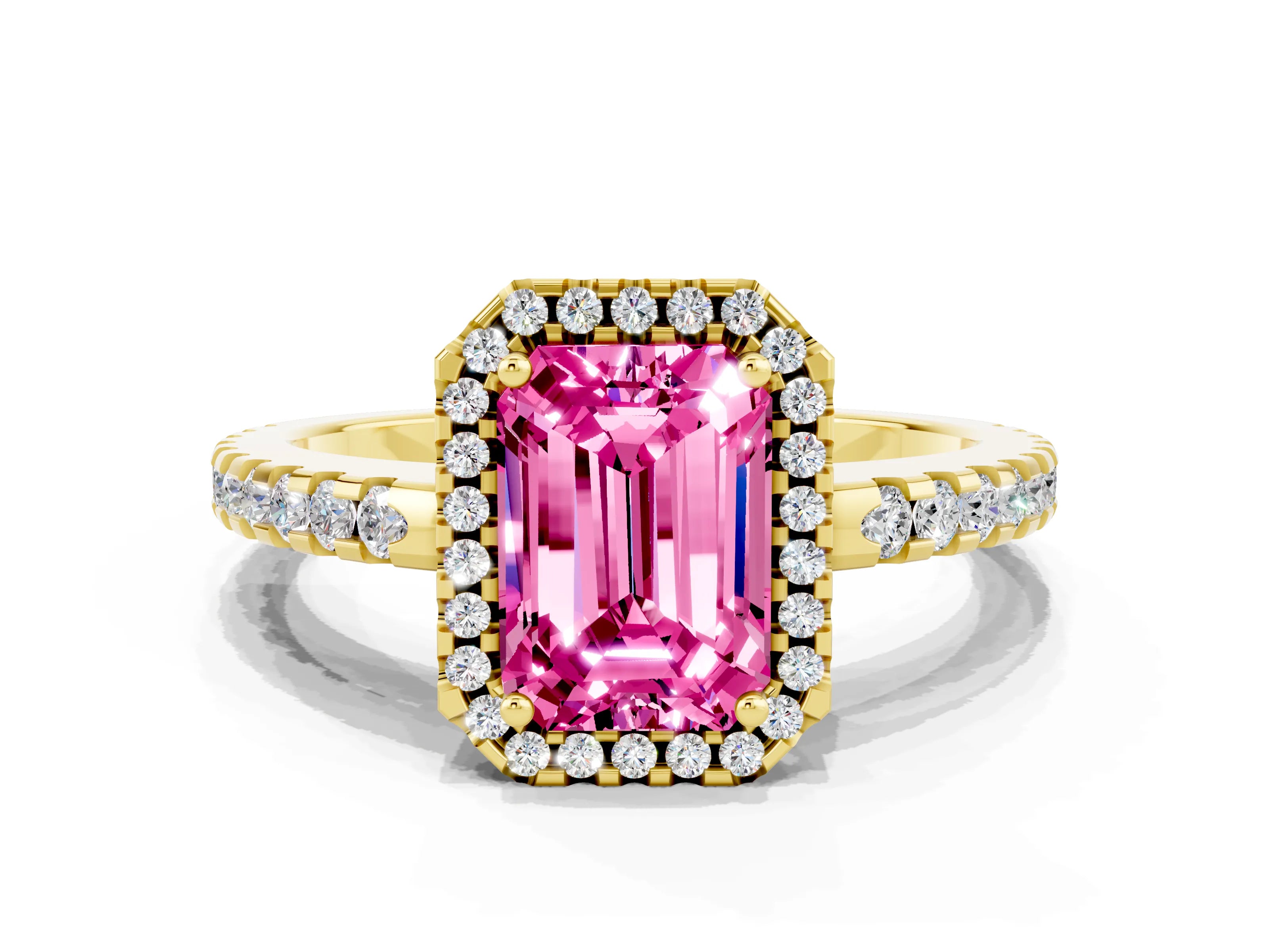 Yellow gold Emerald Cut Pink Sapphire Halo Engagement Ring with Pavé Band and Prong Setting_12