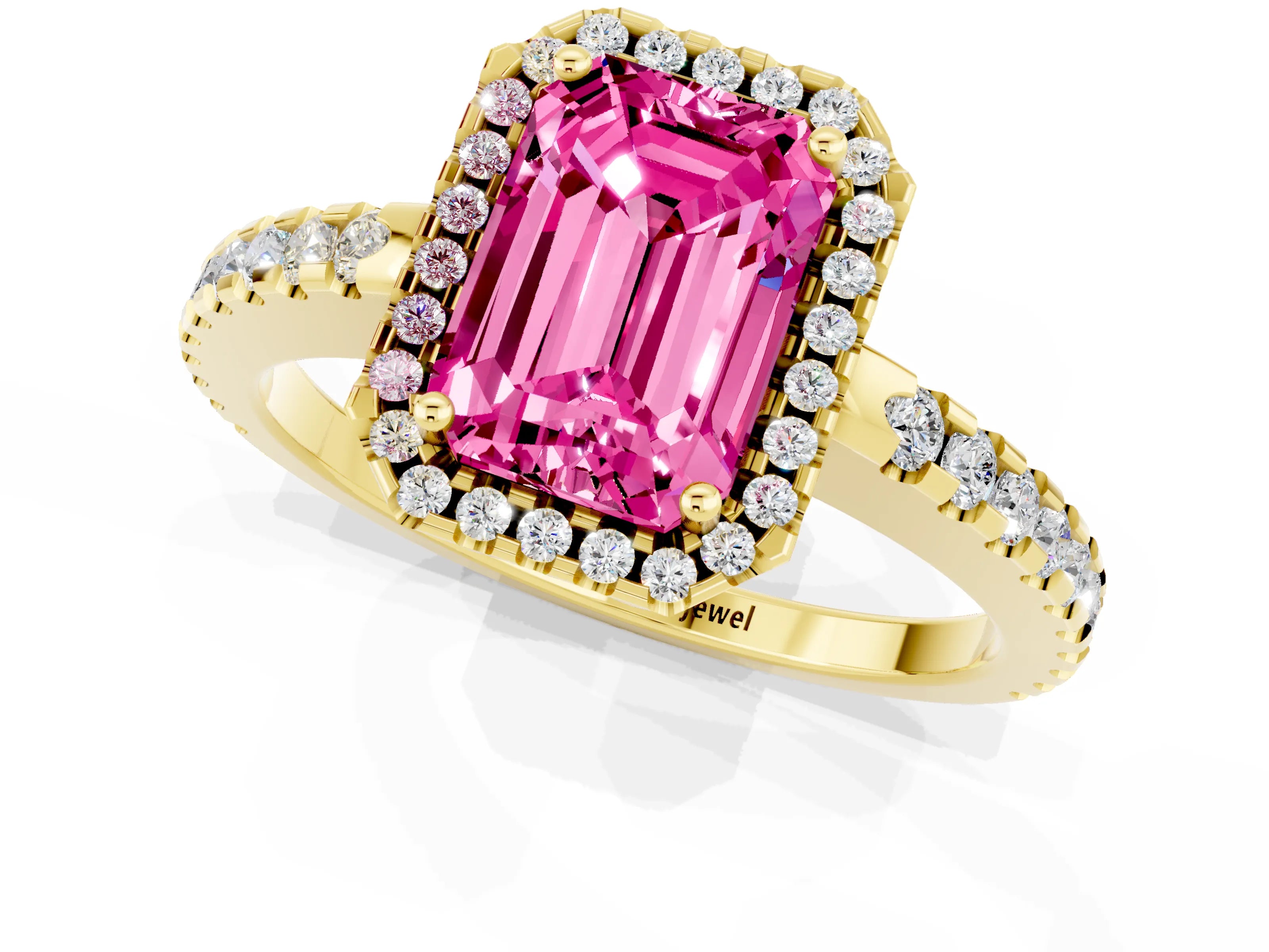Yellow gold Emerald Cut Pink Sapphire Halo Engagement Ring with Pavé Band and Prong Setting_13