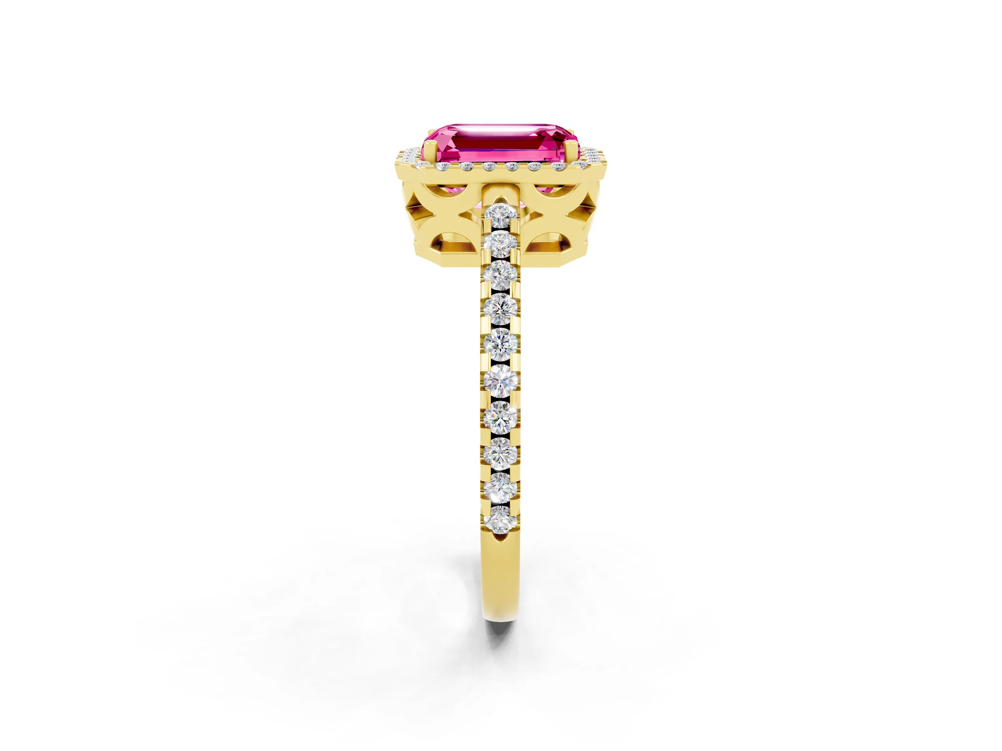 Yellow gold Emerald Cut Pink Sapphire Halo Engagement Ring with Pavé Band and Prong Setting_14