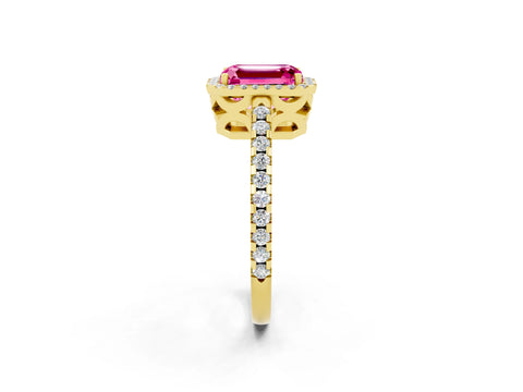 Yellow gold Emerald Cut Pink Sapphire Halo Engagement Ring with Pavé Band and Prong Setting_14