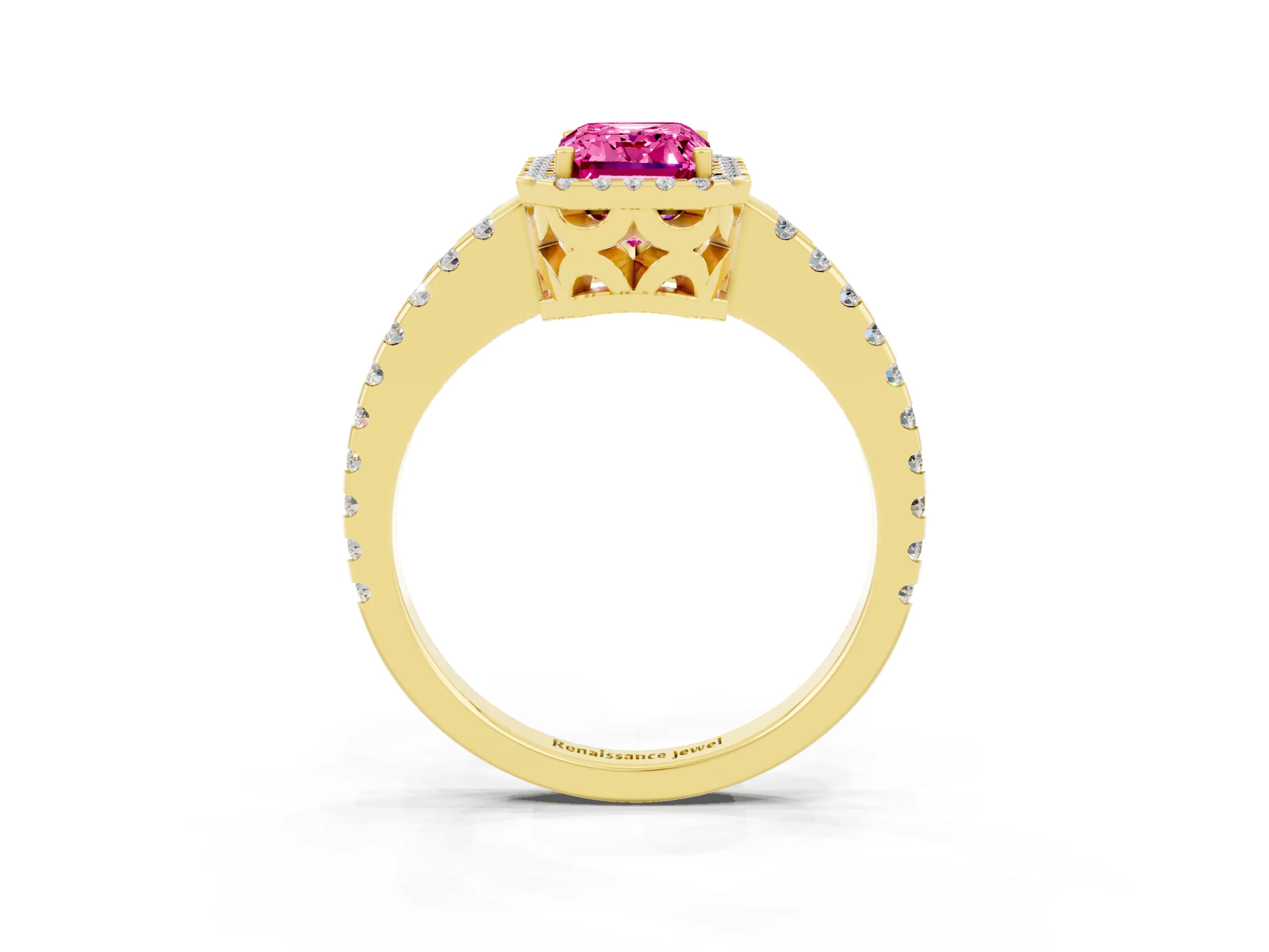 Yellow gold Emerald Cut Pink Sapphire Halo Engagement Ring with Pavé Band and Prong Setting_15