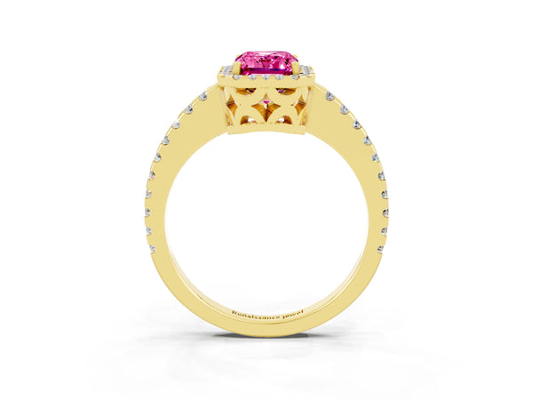 Yellow gold Emerald Cut Pink Sapphire Halo Engagement Ring with Pavé Band and Prong Setting