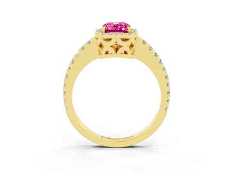Yellow gold Emerald Cut Pink Sapphire Halo Engagement Ring with Pavé Band and Prong Setting_15
