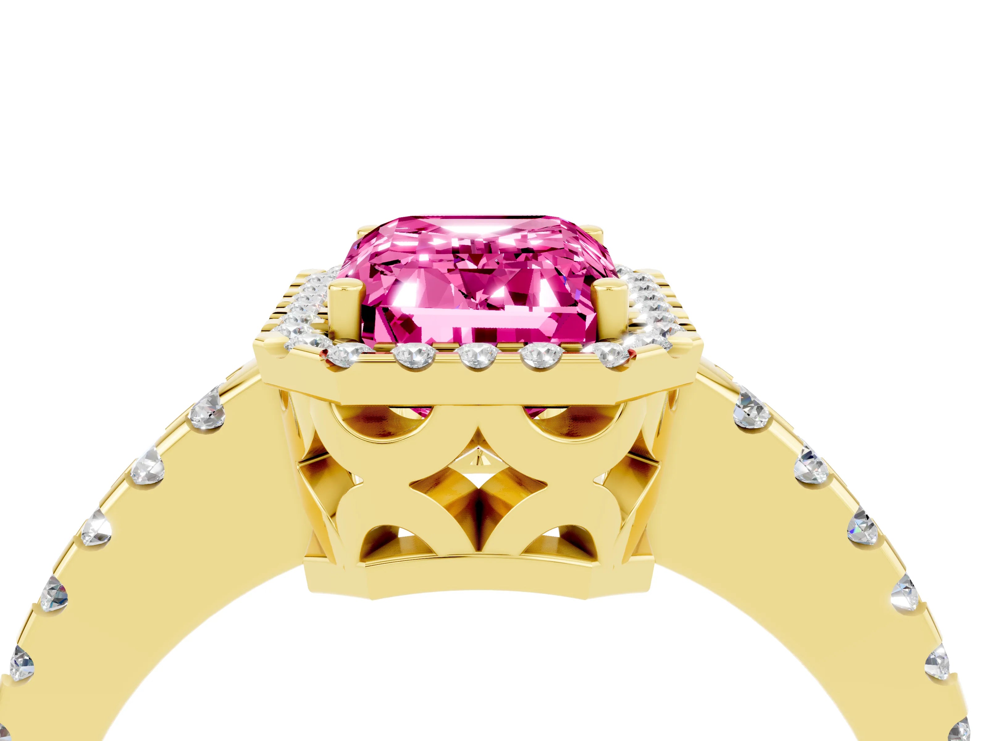 Yellow gold Emerald Cut Pink Sapphire Halo Engagement Ring with Pavé Band and Prong Setting_16