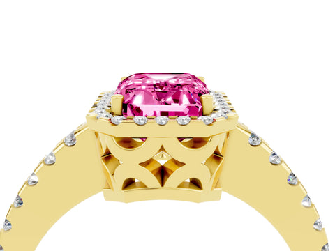 Yellow gold Emerald Cut Pink Sapphire Halo Engagement Ring with Pavé Band and Prong Setting_16