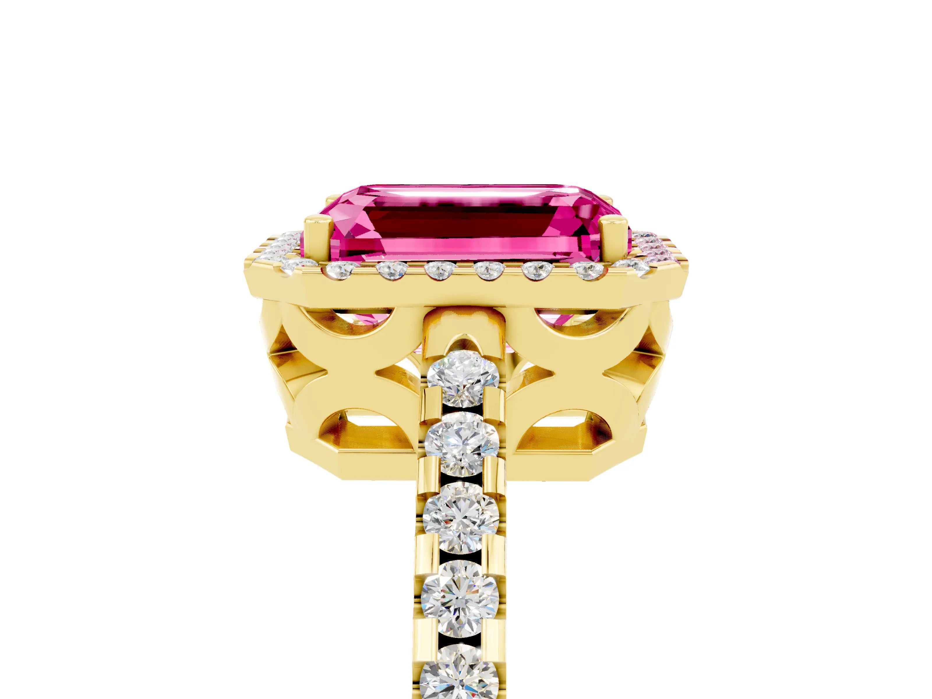 Yellow gold Emerald Cut Pink Sapphire Halo Engagement Ring with Pavé Band and Prong Setting_17
