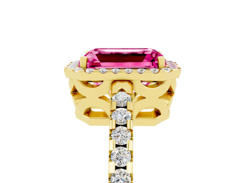 Yellow gold Emerald Cut Pink Sapphire Halo Engagement Ring with Pavé Band and Prong Setting_17