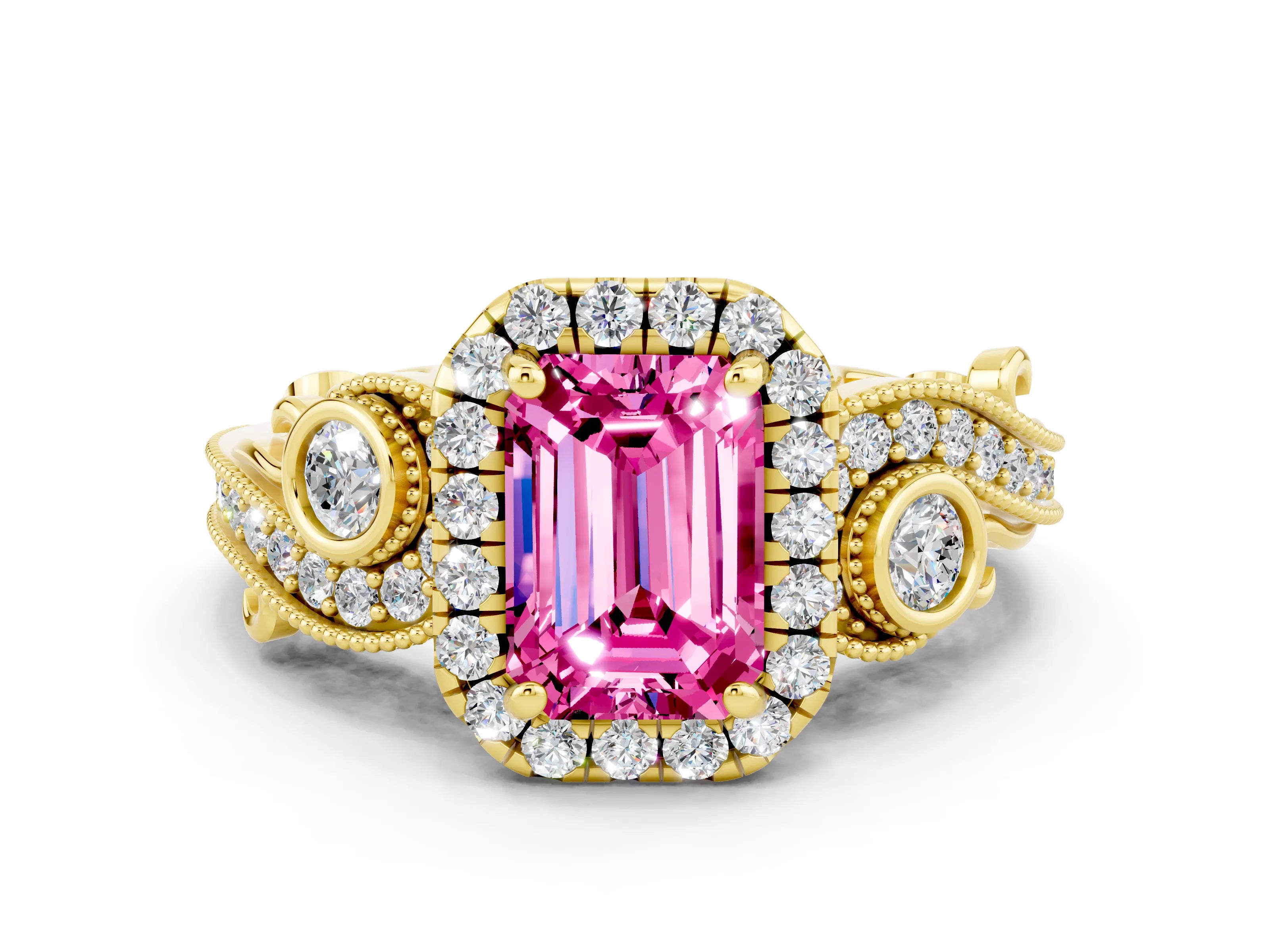 Yellow gold Emerald Cut Pink Sapphire Halo Ring with Milgrain Pavé Band and Four-Prong Setting_12