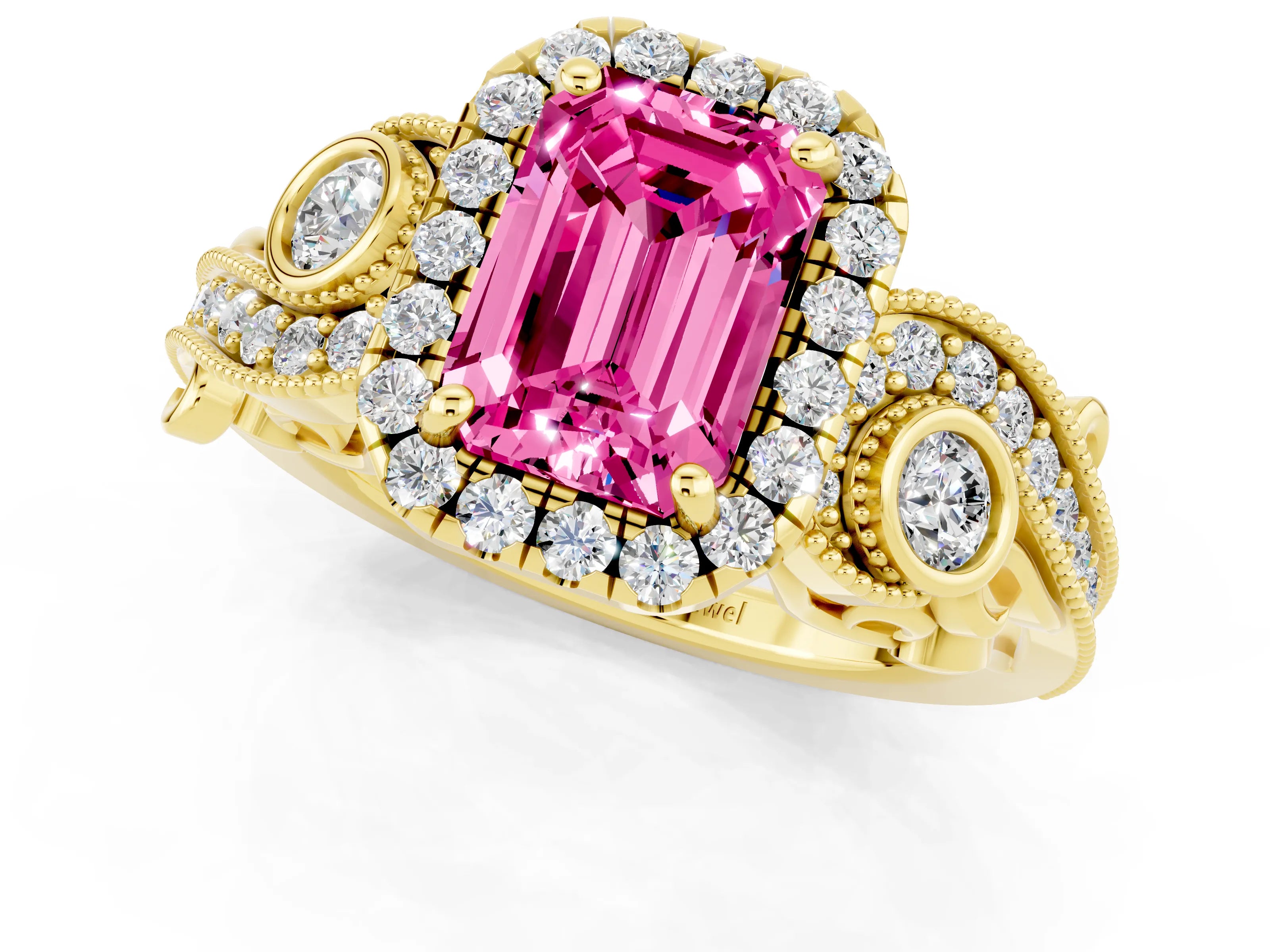 Yellow gold Emerald Cut Pink Sapphire Halo Ring with Milgrain Pavé Band and Four-Prong Setting_13
