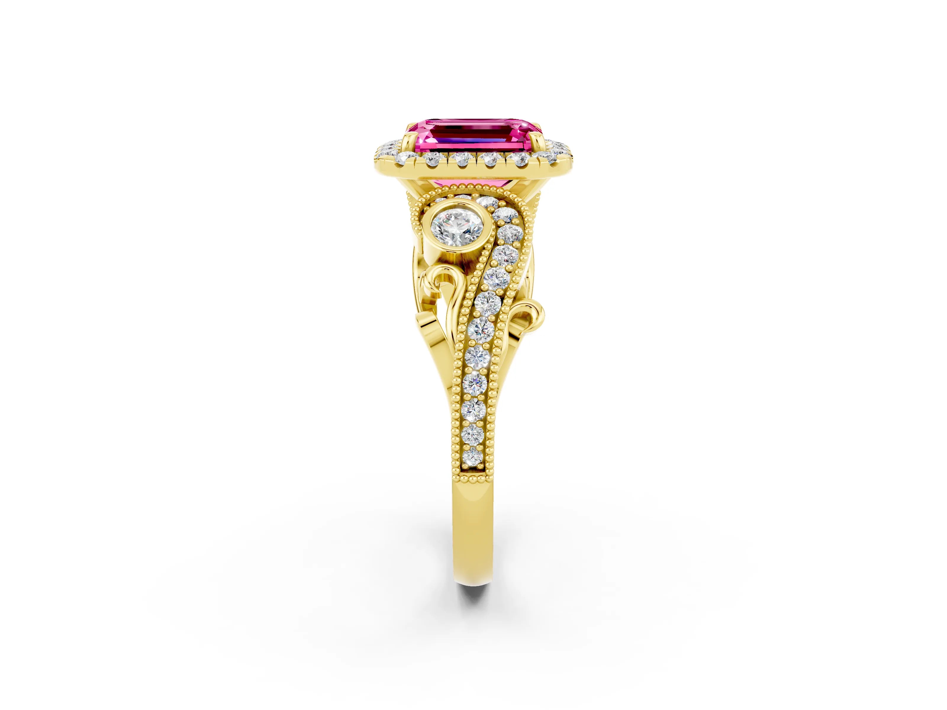 Yellow gold Emerald Cut Pink Sapphire Halo Ring with Milgrain Pavé Band and Four-Prong Setting_14