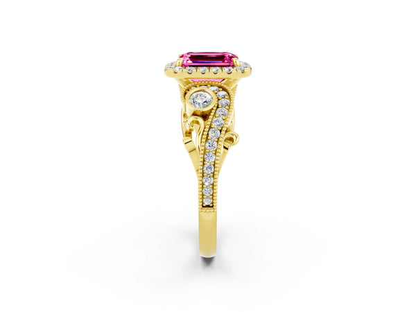 Yellow gold Emerald Cut Pink Sapphire Halo Ring with Milgrain Pavé Band and Four-Prong Setting