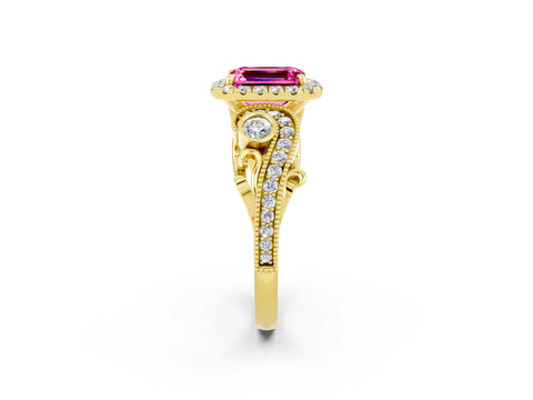 Yellow gold Emerald Cut Pink Sapphire Halo Ring with Milgrain Pavé Band and Four-Prong Setting_14