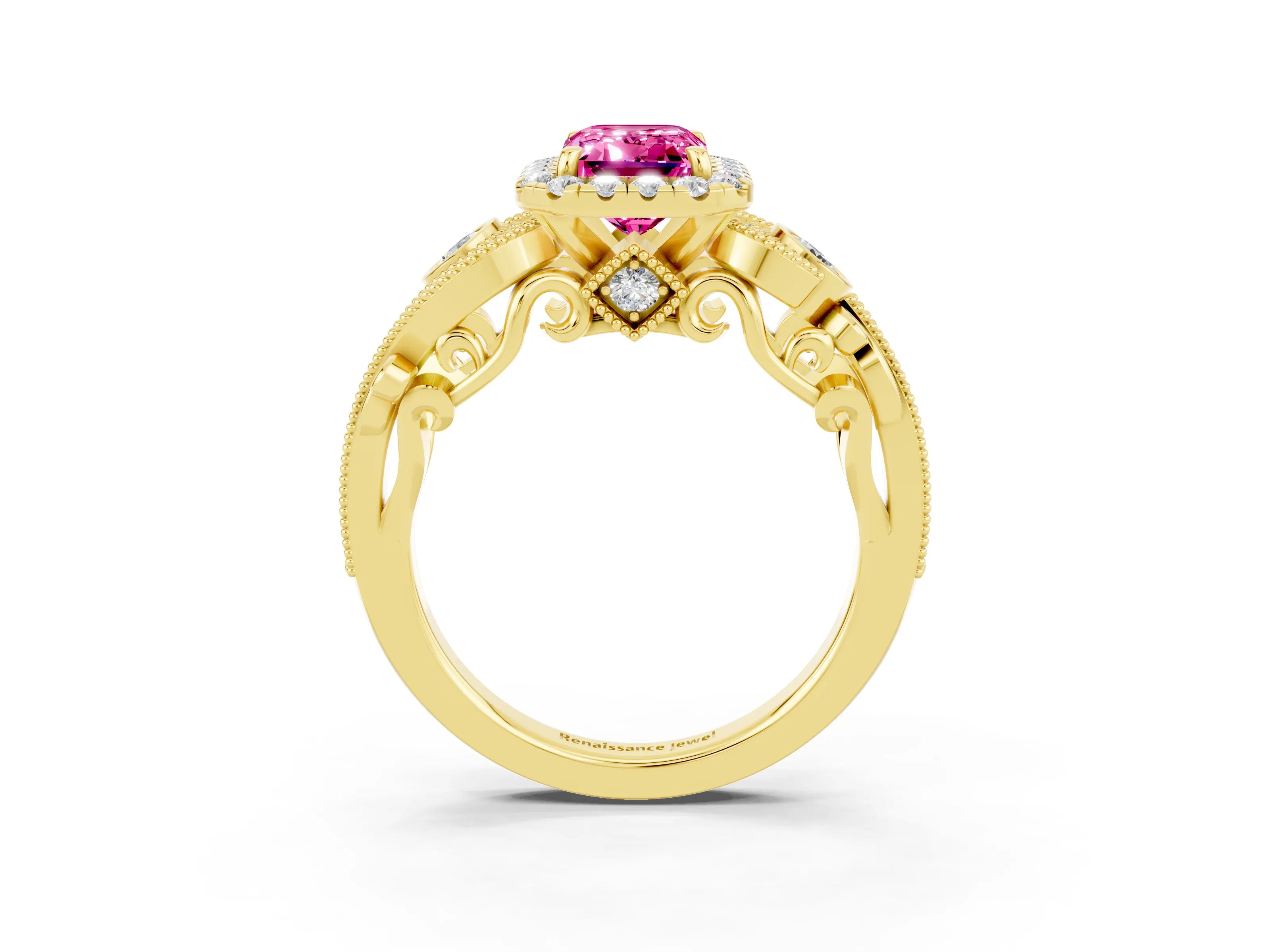 Yellow gold Emerald Cut Pink Sapphire Halo Ring with Milgrain Pavé Band and Four-Prong Setting_15