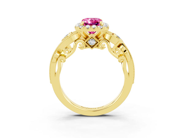 Yellow gold Emerald Cut Pink Sapphire Halo Ring with Milgrain Pavé Band and Four-Prong Setting