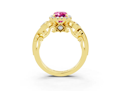 Yellow gold Emerald Cut Pink Sapphire Halo Ring with Milgrain Pavé Band and Four-Prong Setting_15