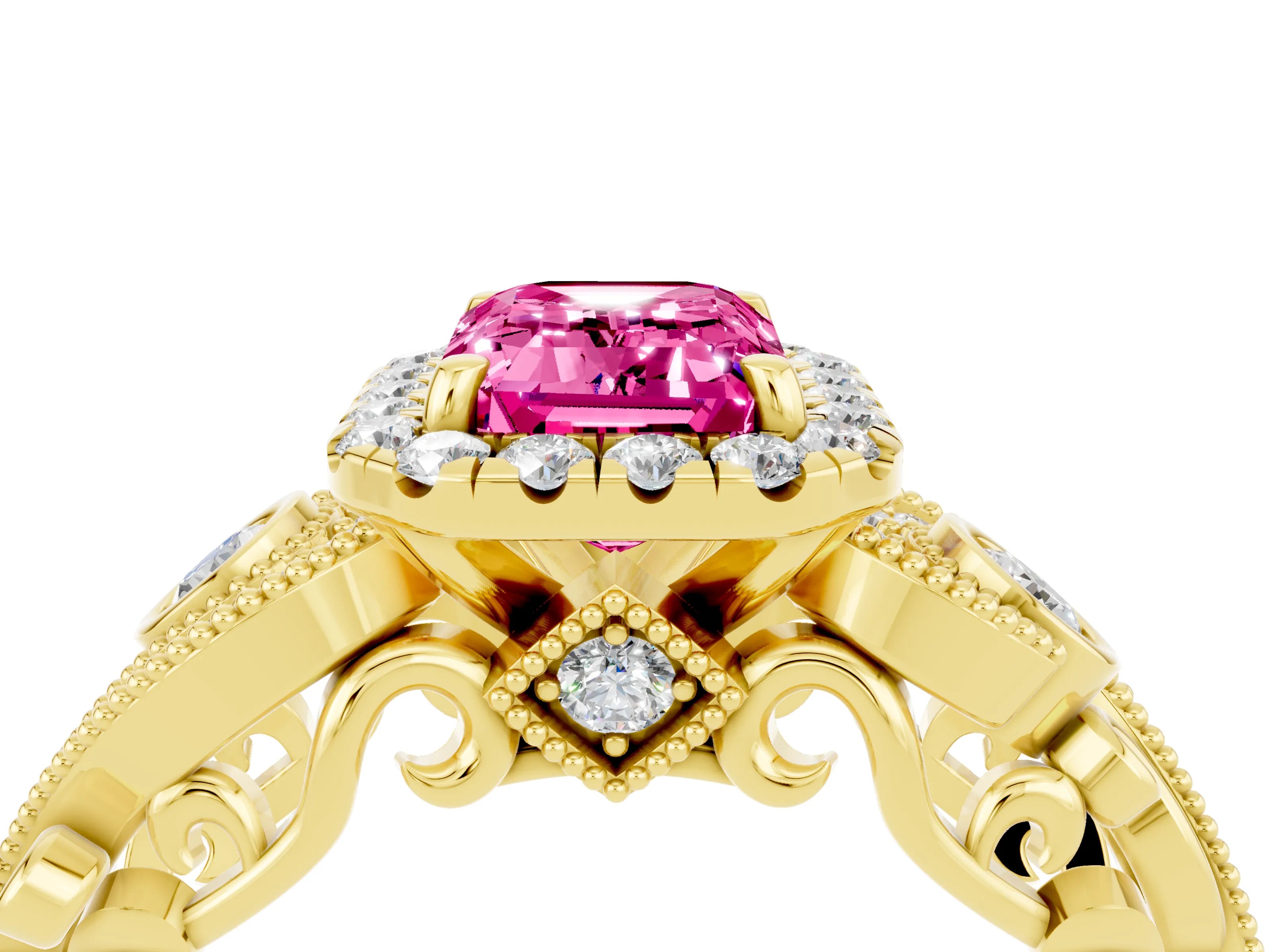 Yellow gold Emerald Cut Pink Sapphire Halo Ring with Milgrain Pavé Band and Four-Prong Setting_16
