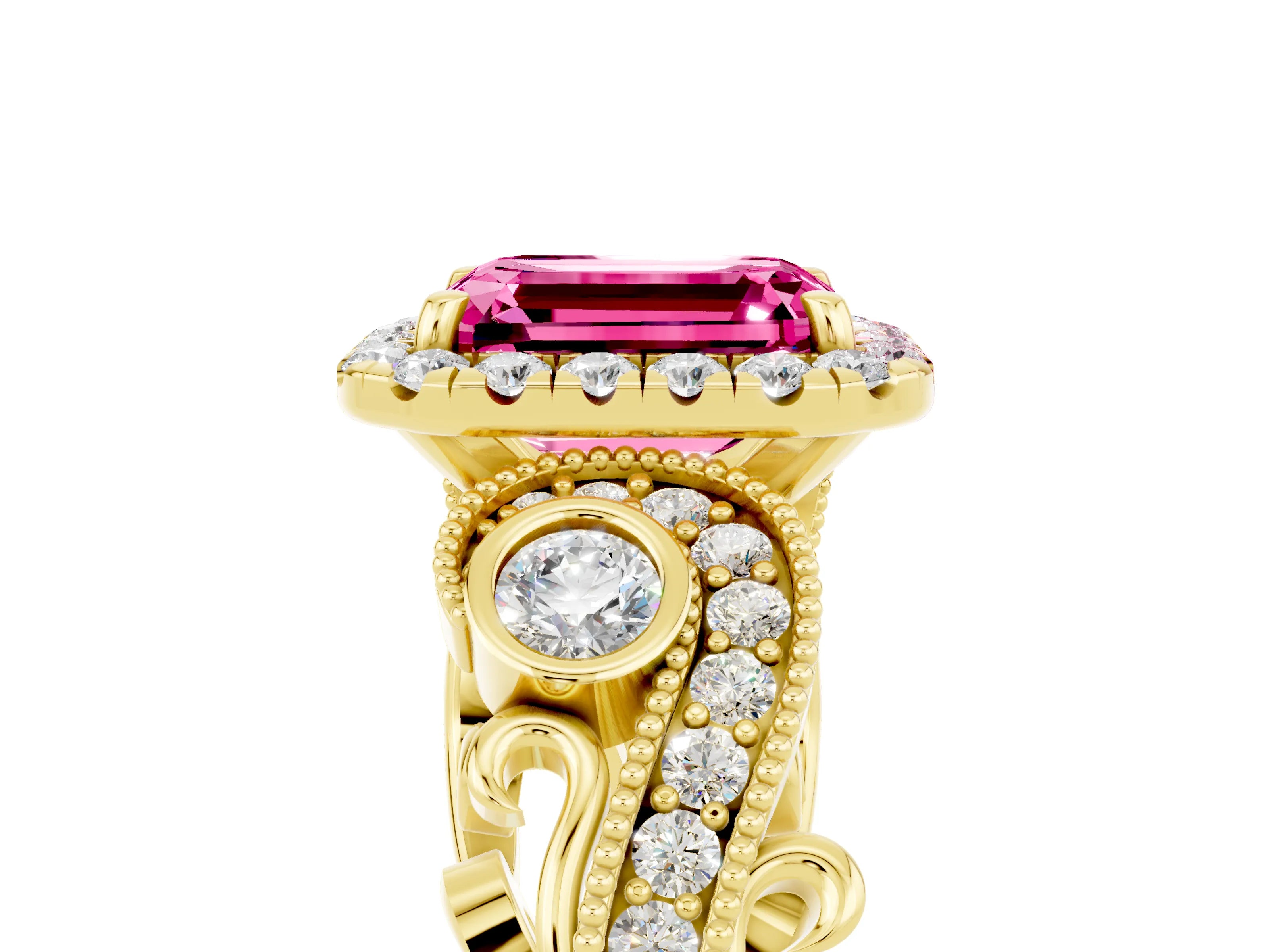 Yellow gold Emerald Cut Pink Sapphire Halo Ring with Milgrain Pavé Band and Four-Prong Setting_17