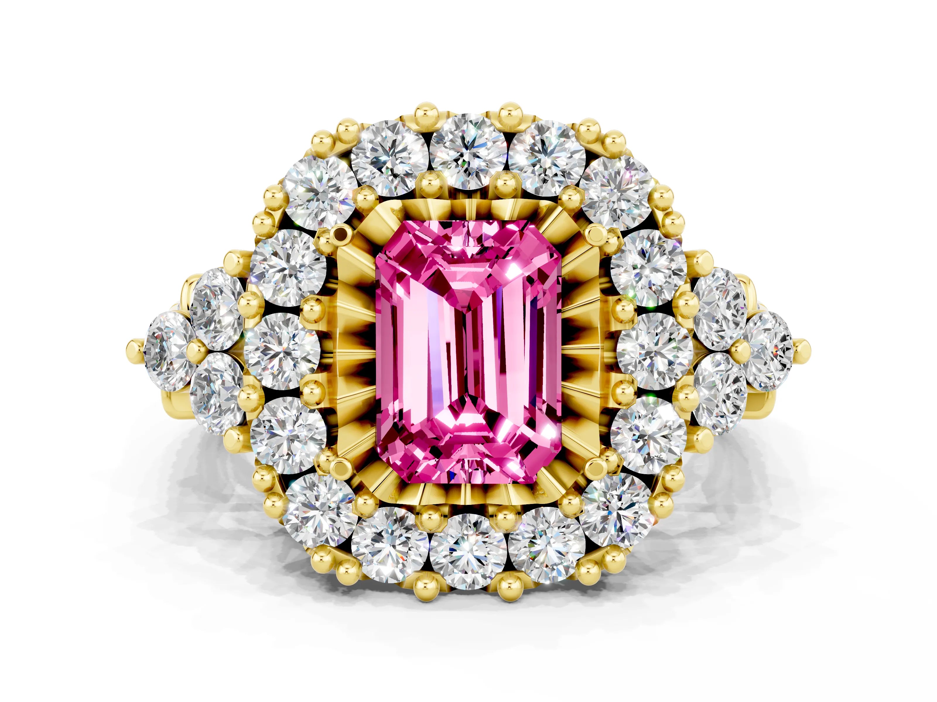 Yellow gold Emerald Cut Pink Sapphire Halo Ring with Pavé Band and Four-Prong Setting_12