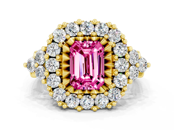 Yellow gold Emerald Cut Pink Sapphire Halo Ring with Pavé Band and Four-Prong Setting