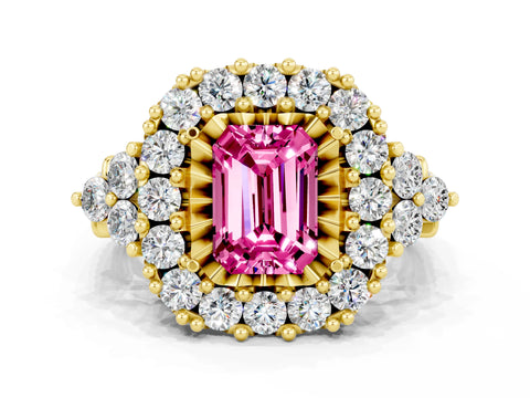 Yellow gold Emerald Cut Pink Sapphire Halo Ring with Pavé Band and Four-Prong Setting_12