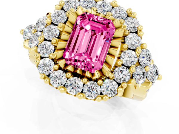 Yellow gold Emerald Cut Pink Sapphire Halo Ring with Pavé Band and Four-Prong Setting