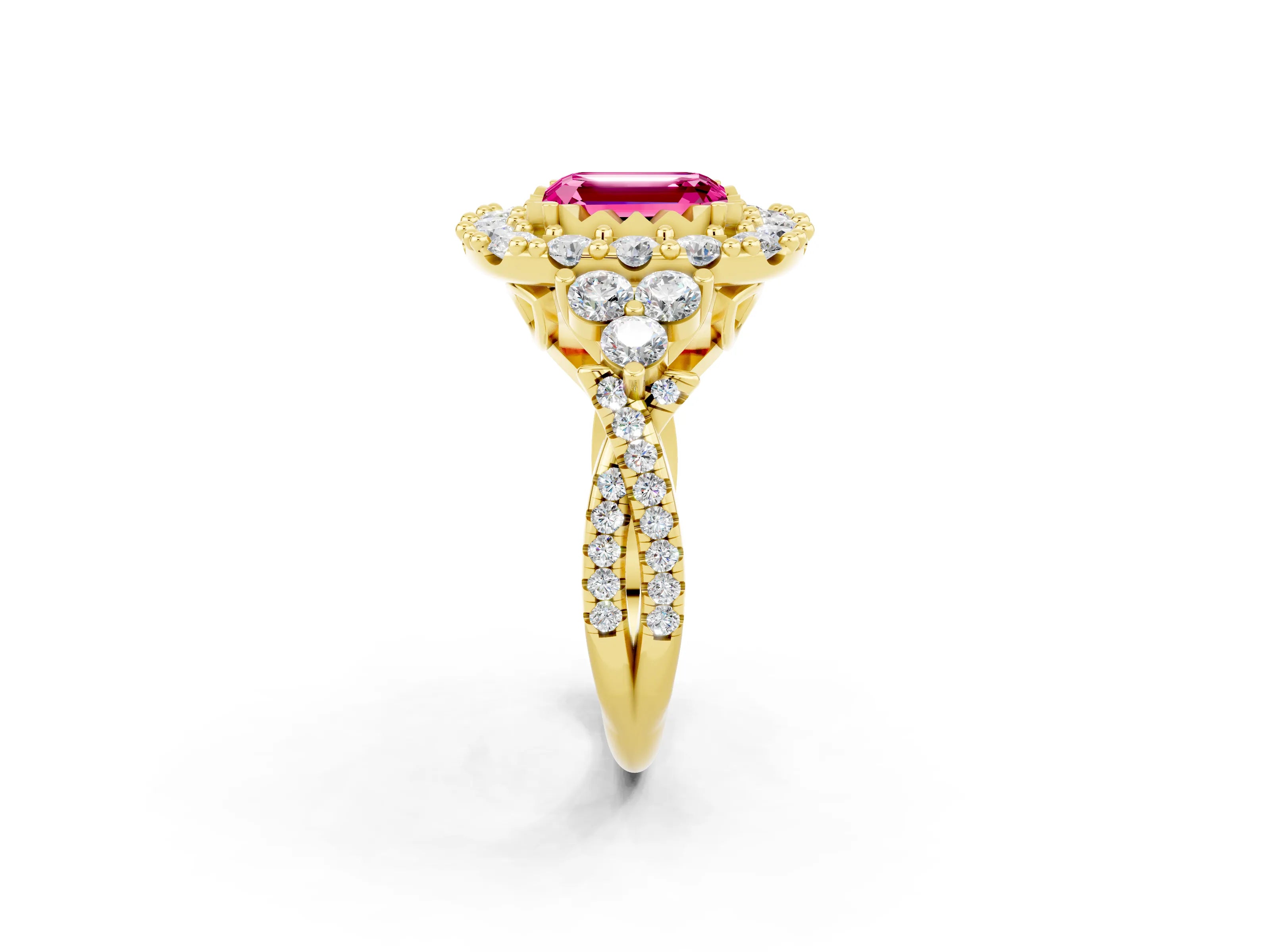 Yellow gold Emerald Cut Pink Sapphire Halo Ring with Pavé Band and Four-Prong Setting_14