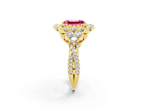Yellow gold Emerald Cut Pink Sapphire Halo Ring with Pavé Band and Four-Prong Setting