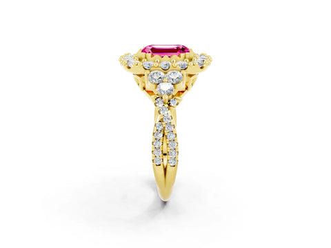 Yellow gold Emerald Cut Pink Sapphire Halo Ring with Pavé Band and Four-Prong Setting_14