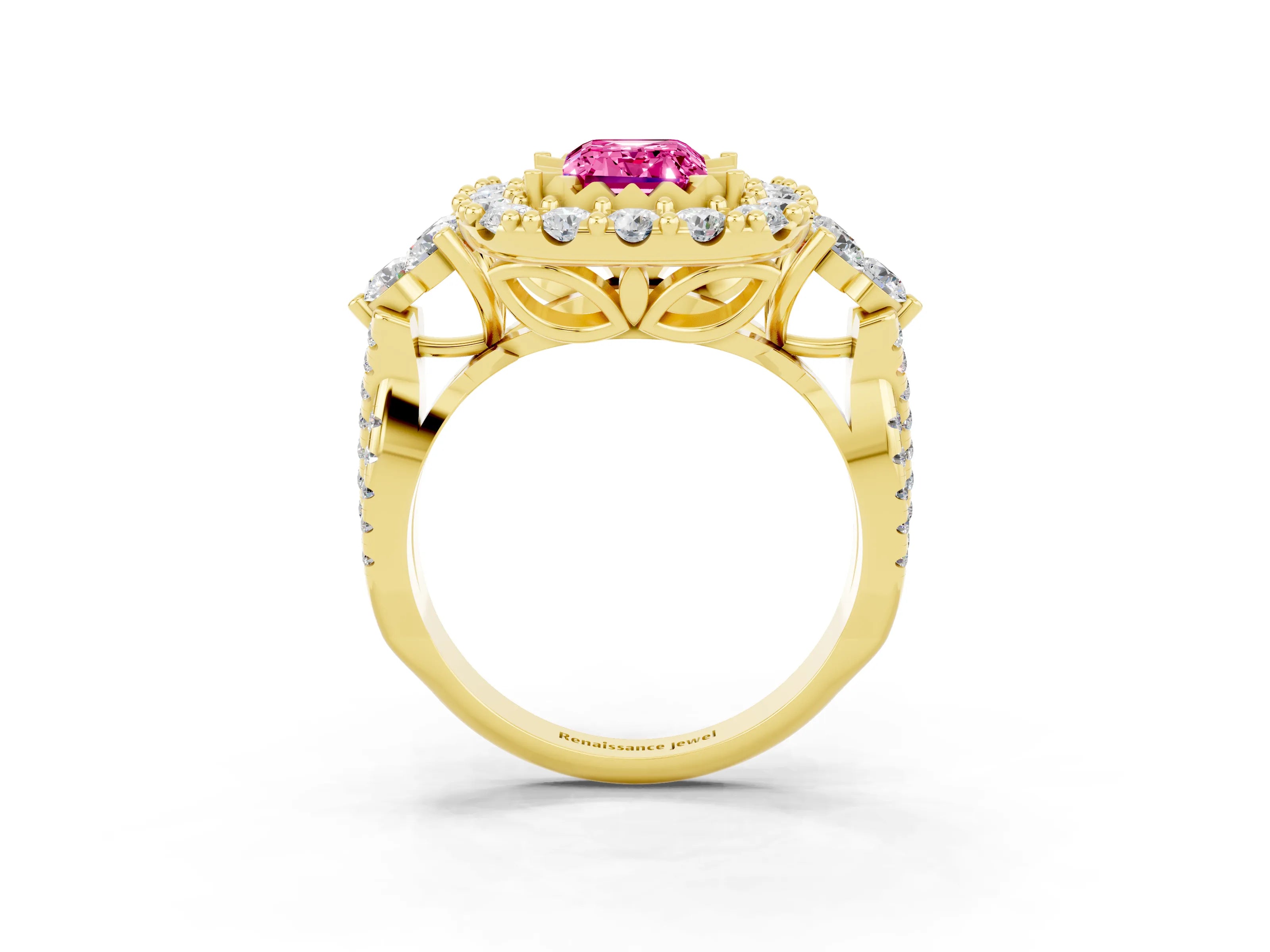 Yellow gold Emerald Cut Pink Sapphire Halo Ring with Pavé Band and Four-Prong Setting_15