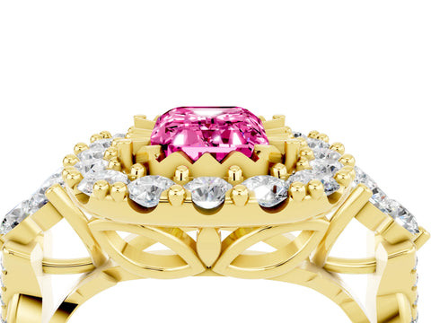 Yellow gold Emerald Cut Pink Sapphire Halo Ring with Pavé Band and Four-Prong Setting_16