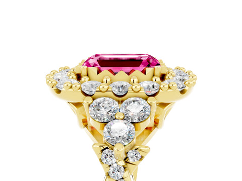 Yellow gold Emerald Cut Pink Sapphire Halo Ring with Pavé Band and Four-Prong Setting_17