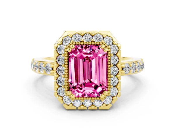 Yellow gold Emerald Cut Pink Sapphire Halo Ring with Pavé Band and Prong Setting
