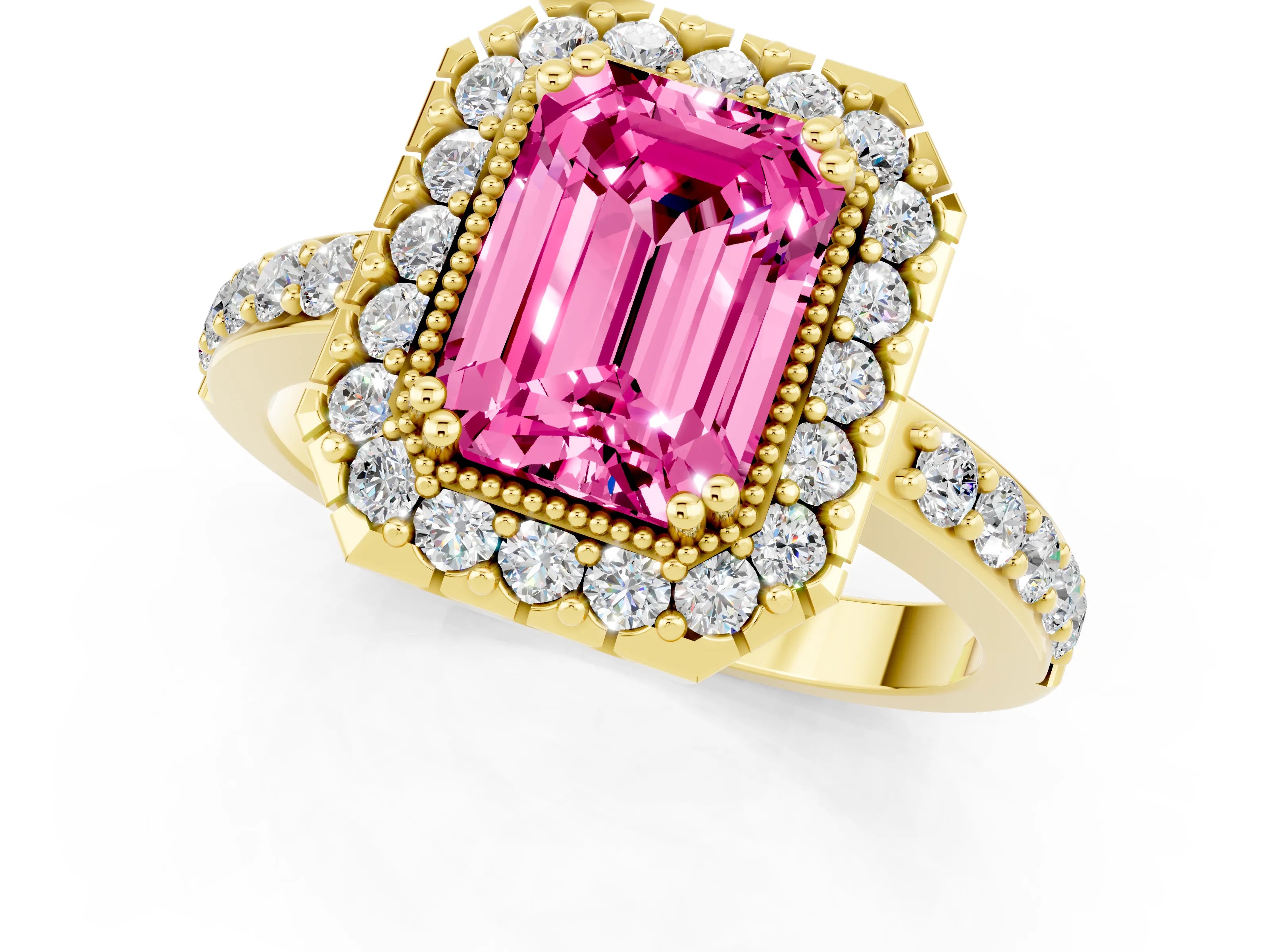 Yellow gold Emerald Cut Pink Sapphire Halo Ring with Pavé Band and Prong Setting_1