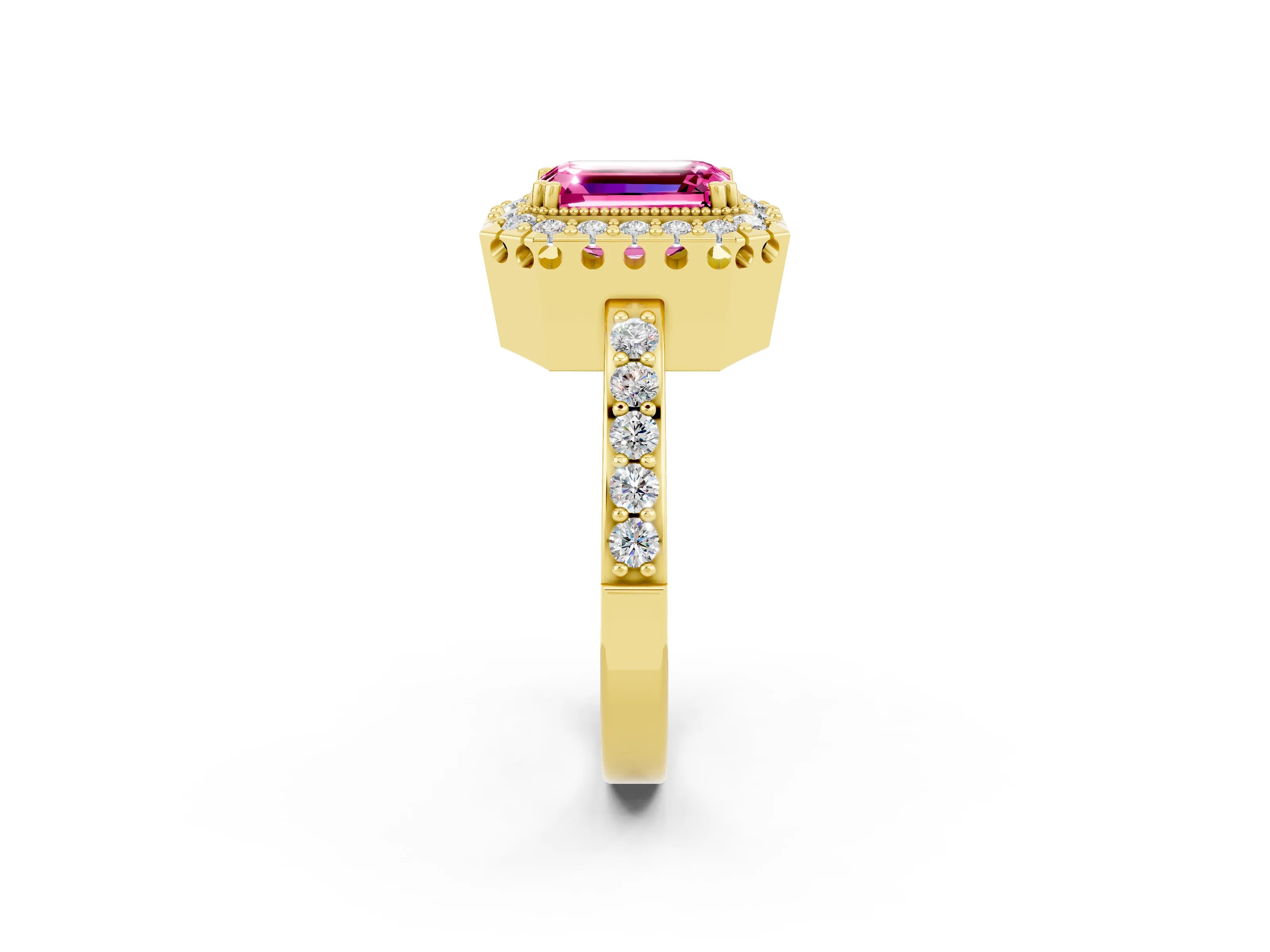 Yellow gold Emerald Cut Pink Sapphire Halo Ring with Pavé Band and Prong Setting_2