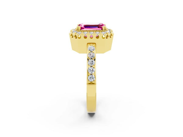 Yellow gold Emerald Cut Pink Sapphire Halo Ring with Pavé Band and Prong Setting