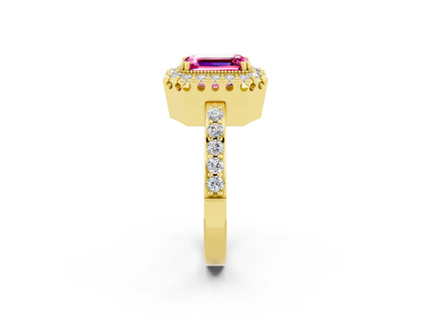 Yellow gold Emerald Cut Pink Sapphire Halo Ring with Pavé Band and Prong Setting_2