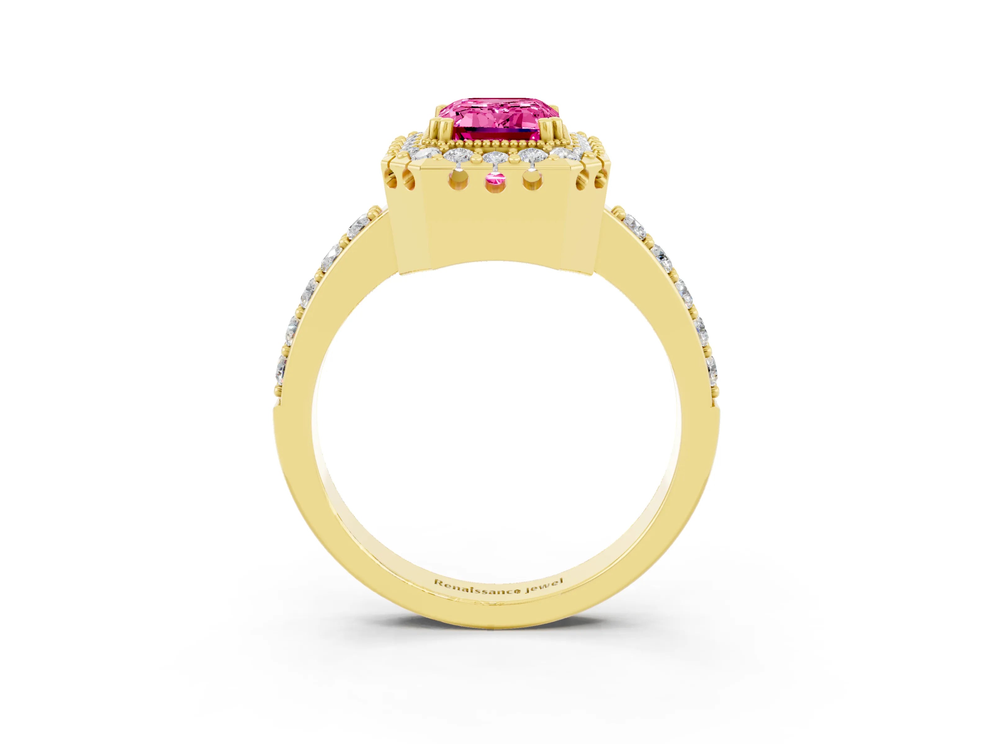 Yellow gold Emerald Cut Pink Sapphire Halo Ring with Pavé Band and Prong Setting_3