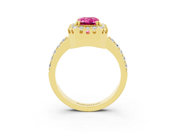 Yellow gold Emerald Cut Pink Sapphire Halo Ring with Pavé Band and Prong Setting