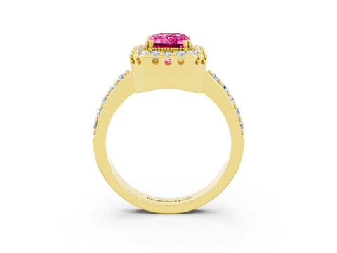 Yellow gold Emerald Cut Pink Sapphire Halo Ring with Pavé Band and Prong Setting_3