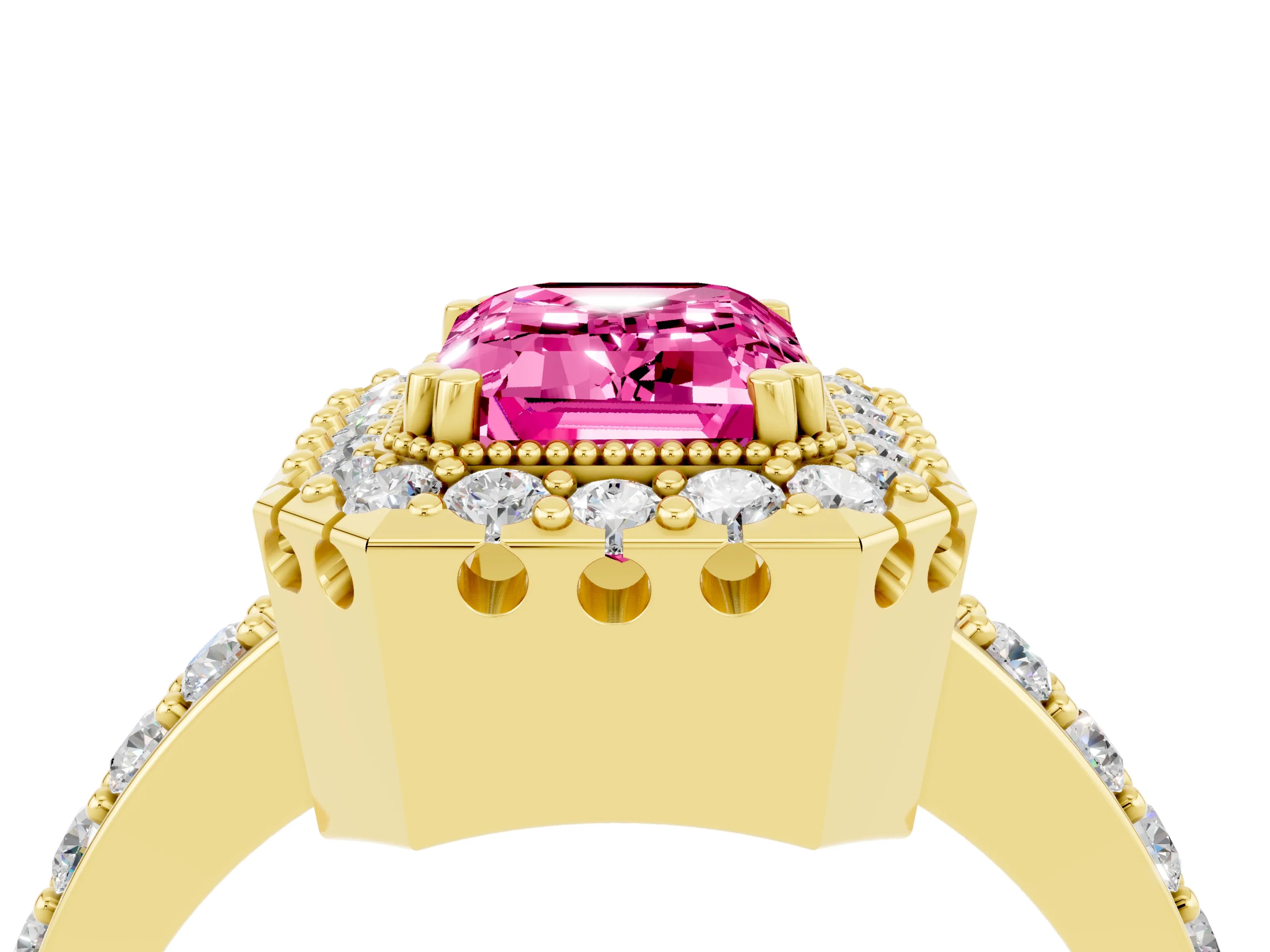 Yellow gold Emerald Cut Pink Sapphire Halo Ring with Pavé Band and Prong Setting_4