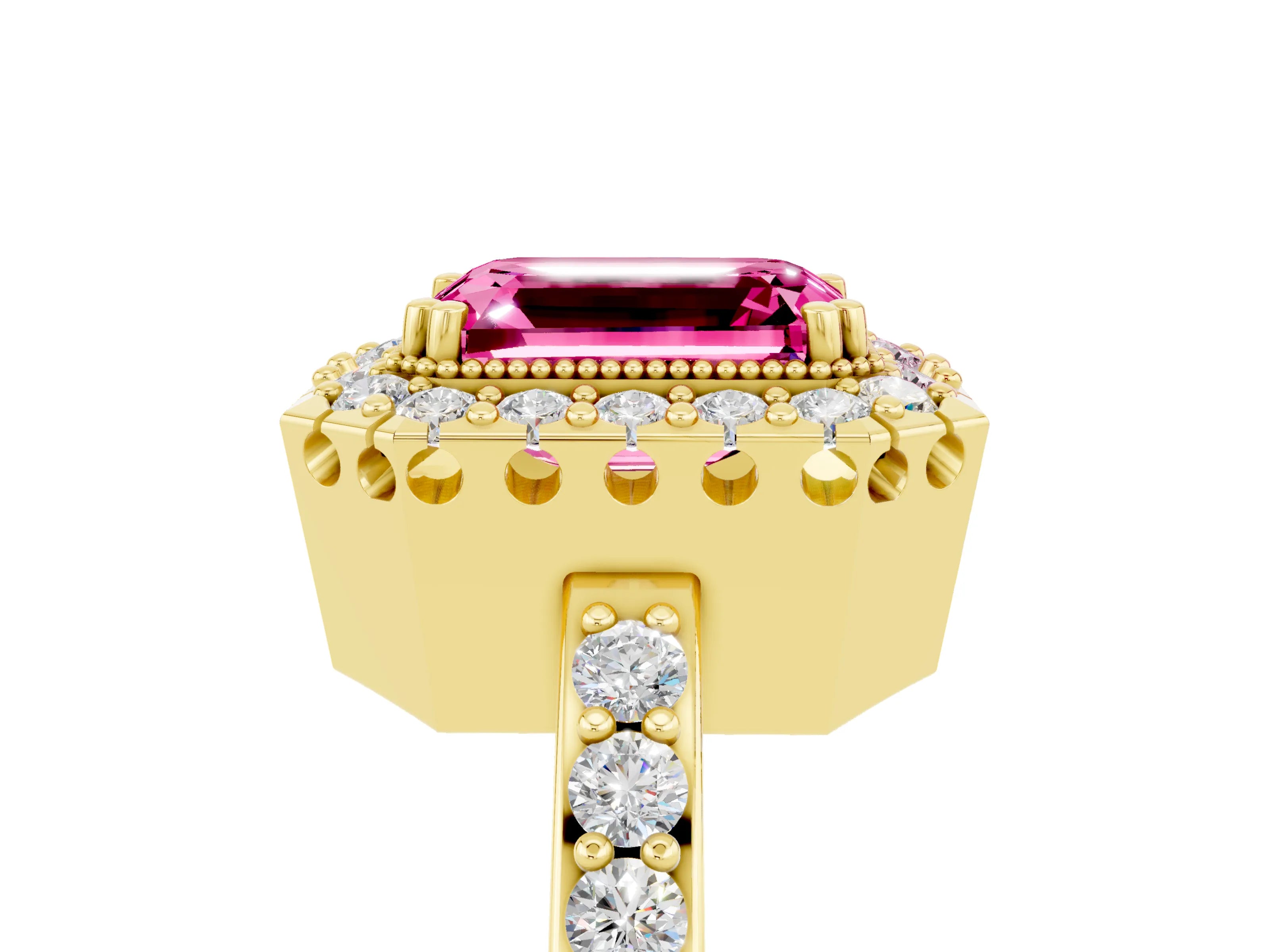 Yellow gold Emerald Cut Pink Sapphire Halo Ring with Pavé Band and Prong Setting_5