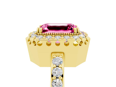 Yellow gold Emerald Cut Pink Sapphire Halo Ring with Pavé Band and Prong Setting_5